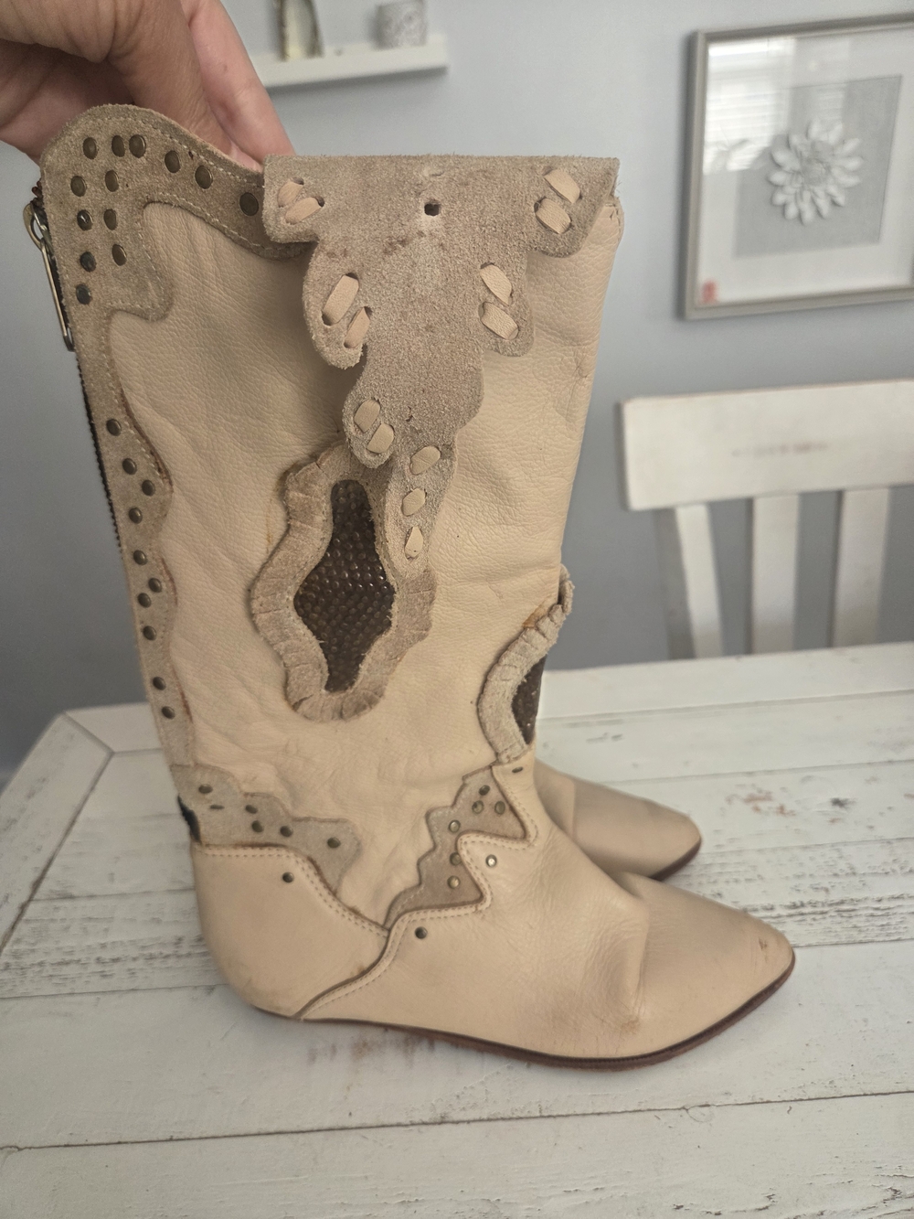 Vintage Leather Women's Beige Embellished Western Boots